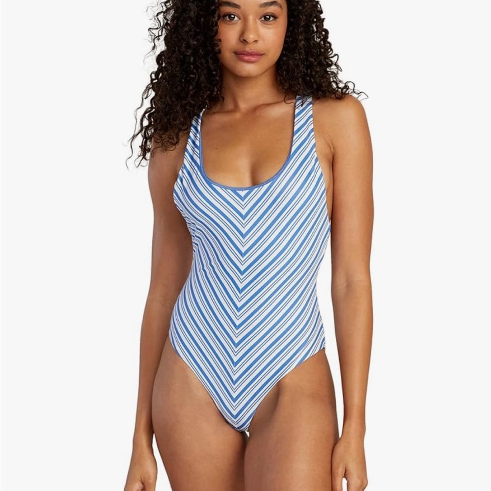 NWT RVCA Racerback One Piece Swimsuit Size Large Blue& White Retro Stripes
